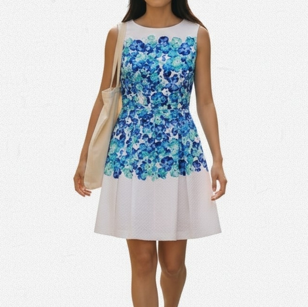 Tahari ASL Dress Size 8P White Blue Floral Sleeveless Box Pleat Pockets Textured